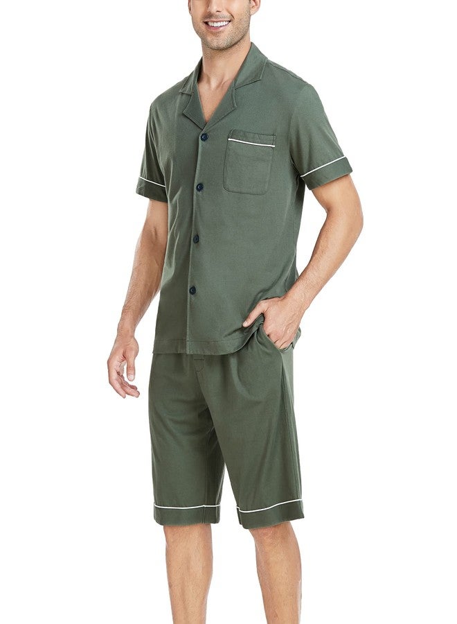 COLORFULLEAF Men's 100% Cotton Short Sleeve Pajama Sets Button Down Notched Collar Sleepwear Soft Lounge Pjs with Pockets (Army Green, M) - Image 2